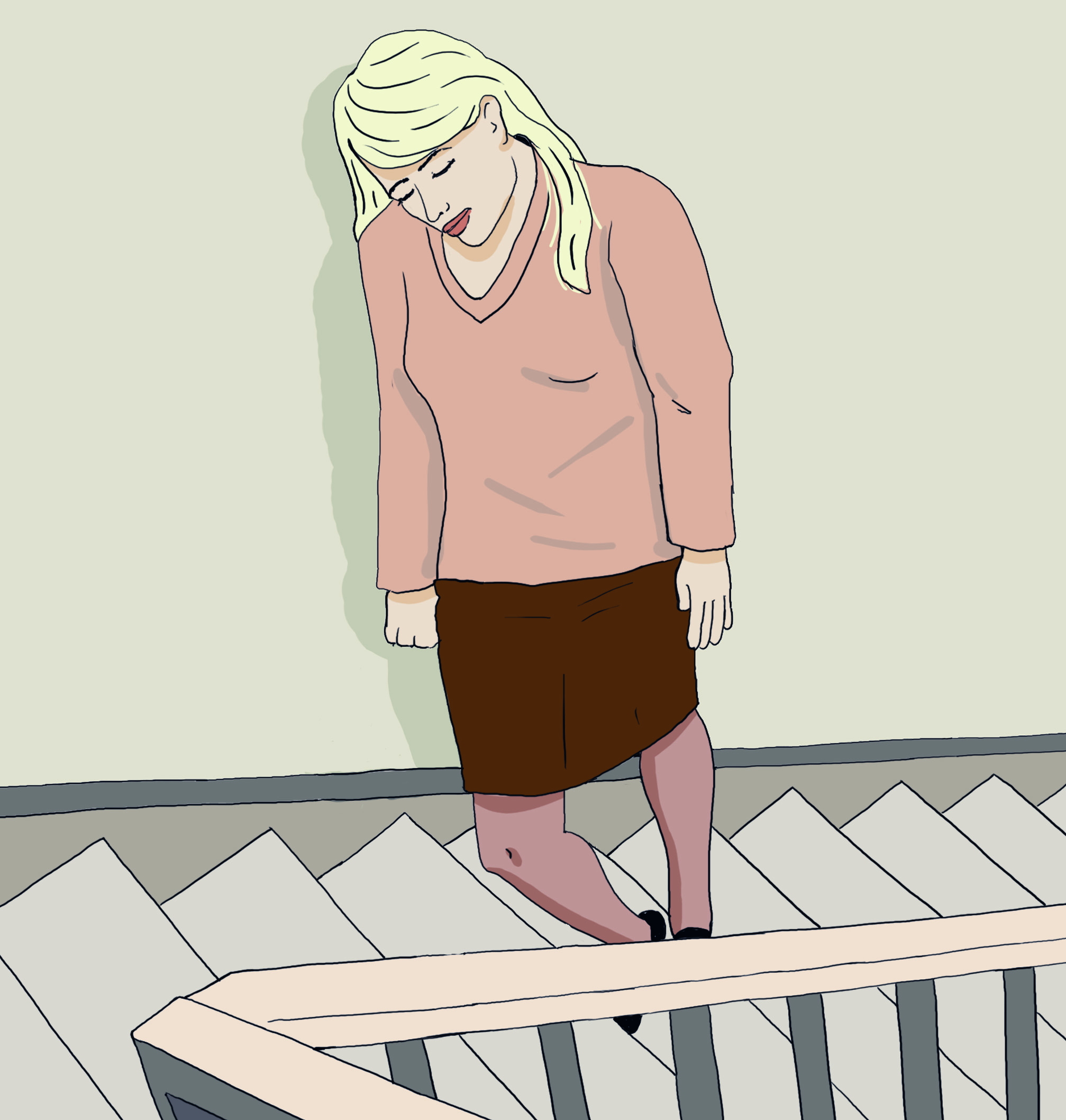 Sliten person som går opp en trapp