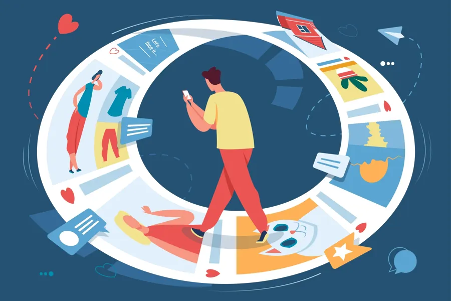 Illustrasjon av person som går på en sti av bilder