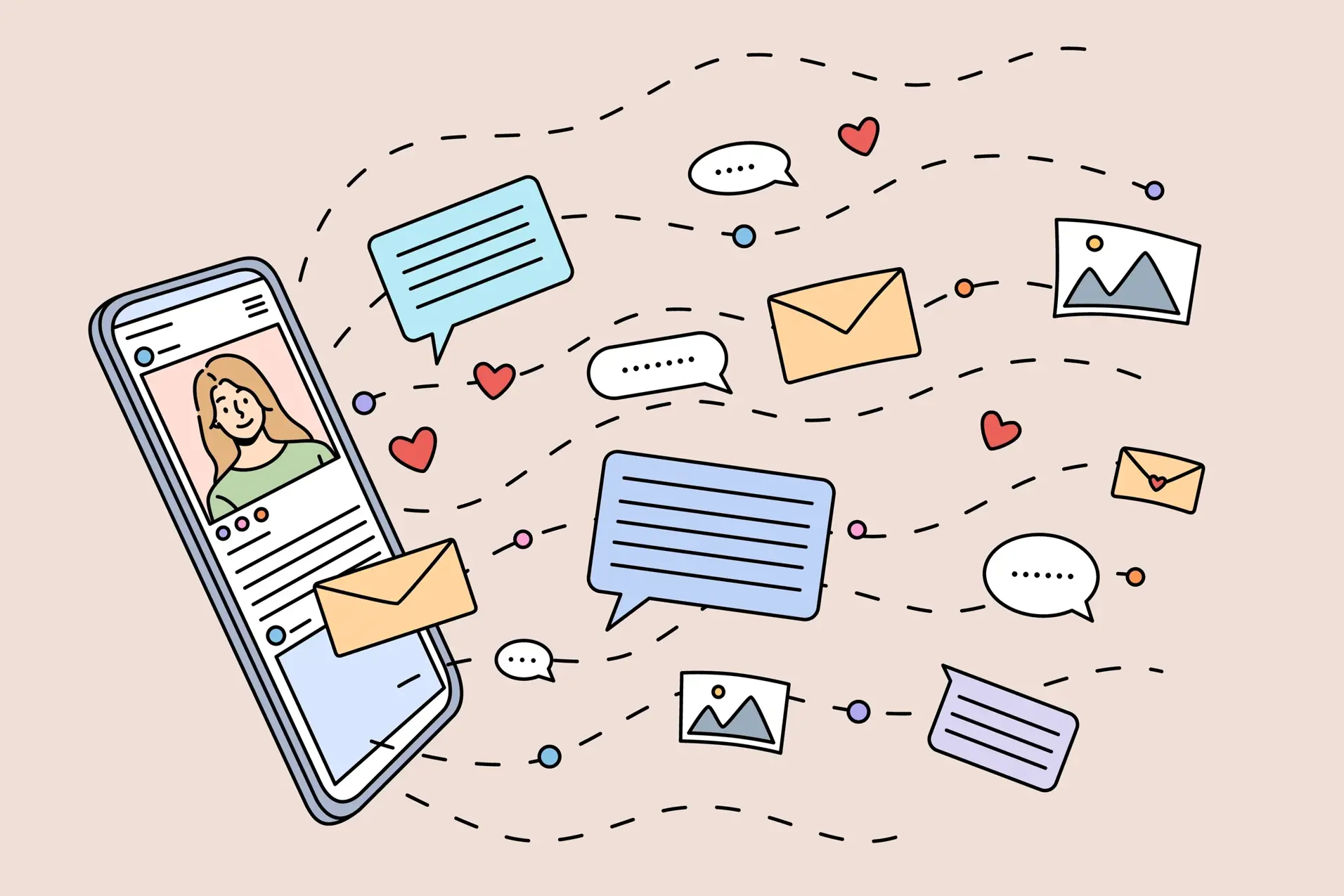 Tegning av en mobil som flyter i en sky av bilder