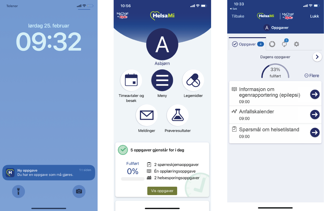 Tre skjermbilder fra HelsaMi‑appen som viser en oppgave‑varsling, hovedmenyen og dagens oppgaver.