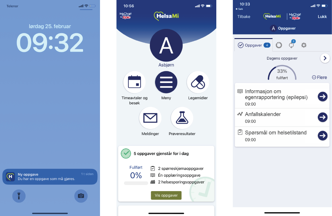 Tre skjermbilder fra HelsaMi‑appen som viser en oppgave‑varsling, hovedmenyen og dagens oppgaver.