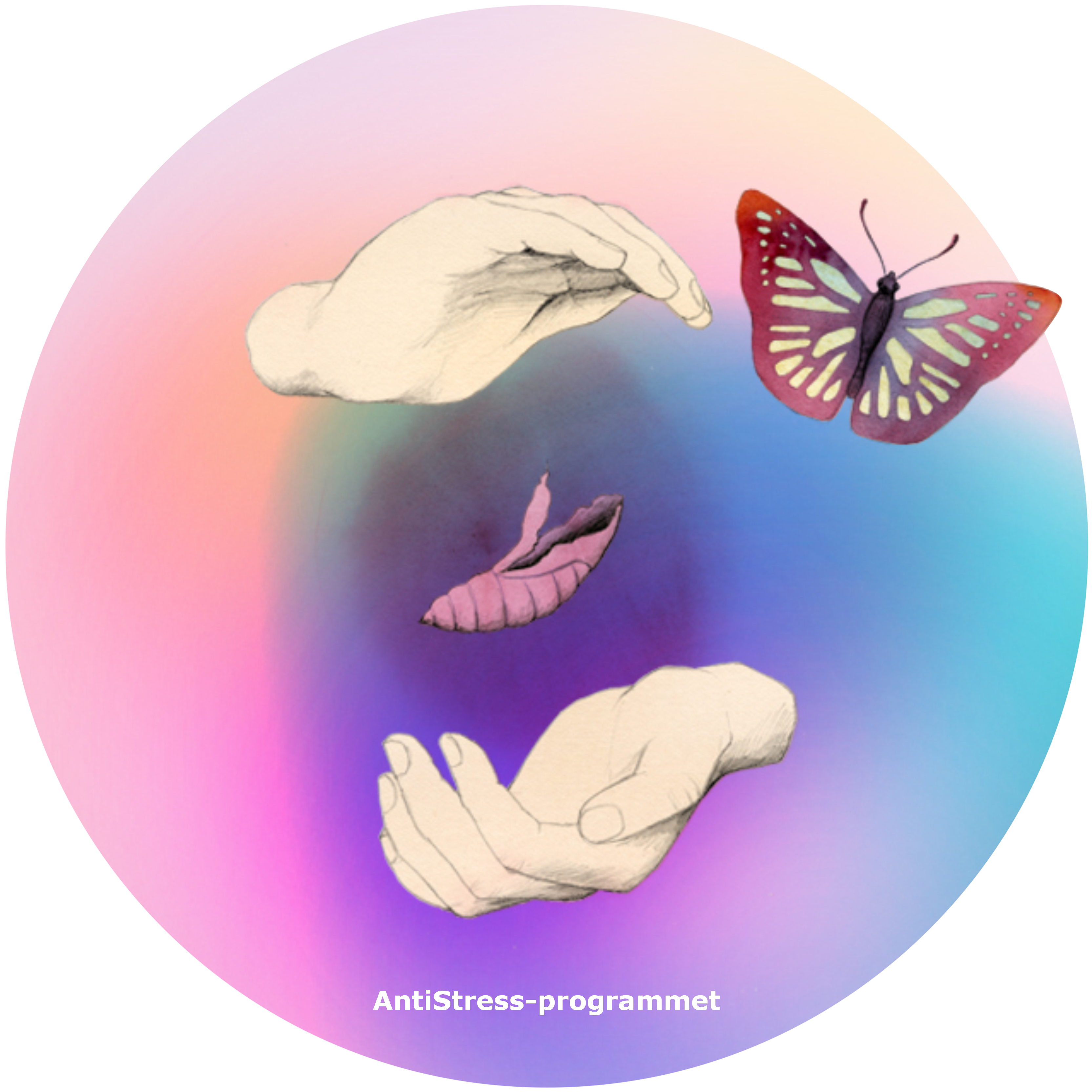 Merkevarebilde for AntiStress-programmet (to hender og en sommerfugl som flyr ut av sin kokong)