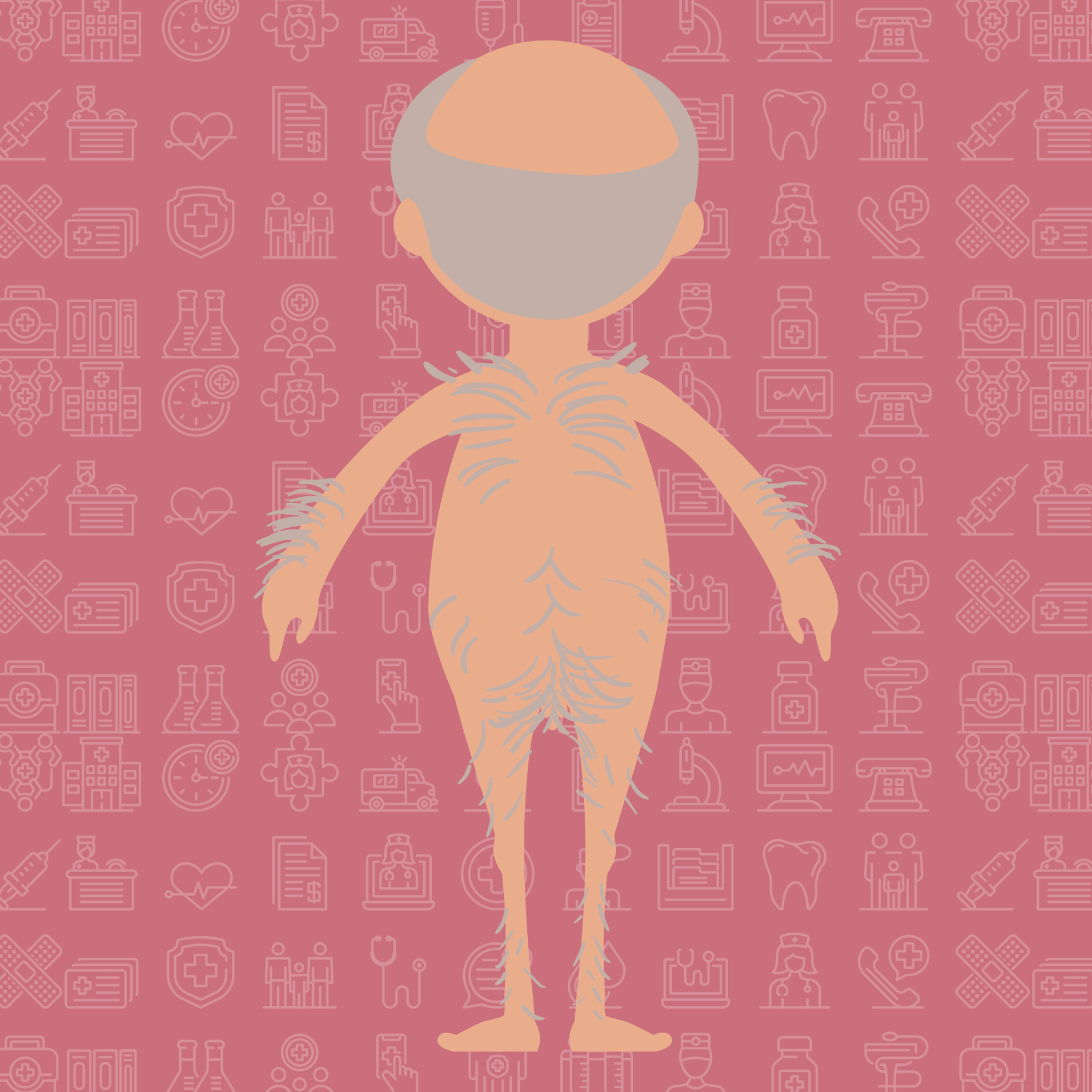 Illustrasjon av en naken mann som står med ryggen til. På kroppen har han litt hår.