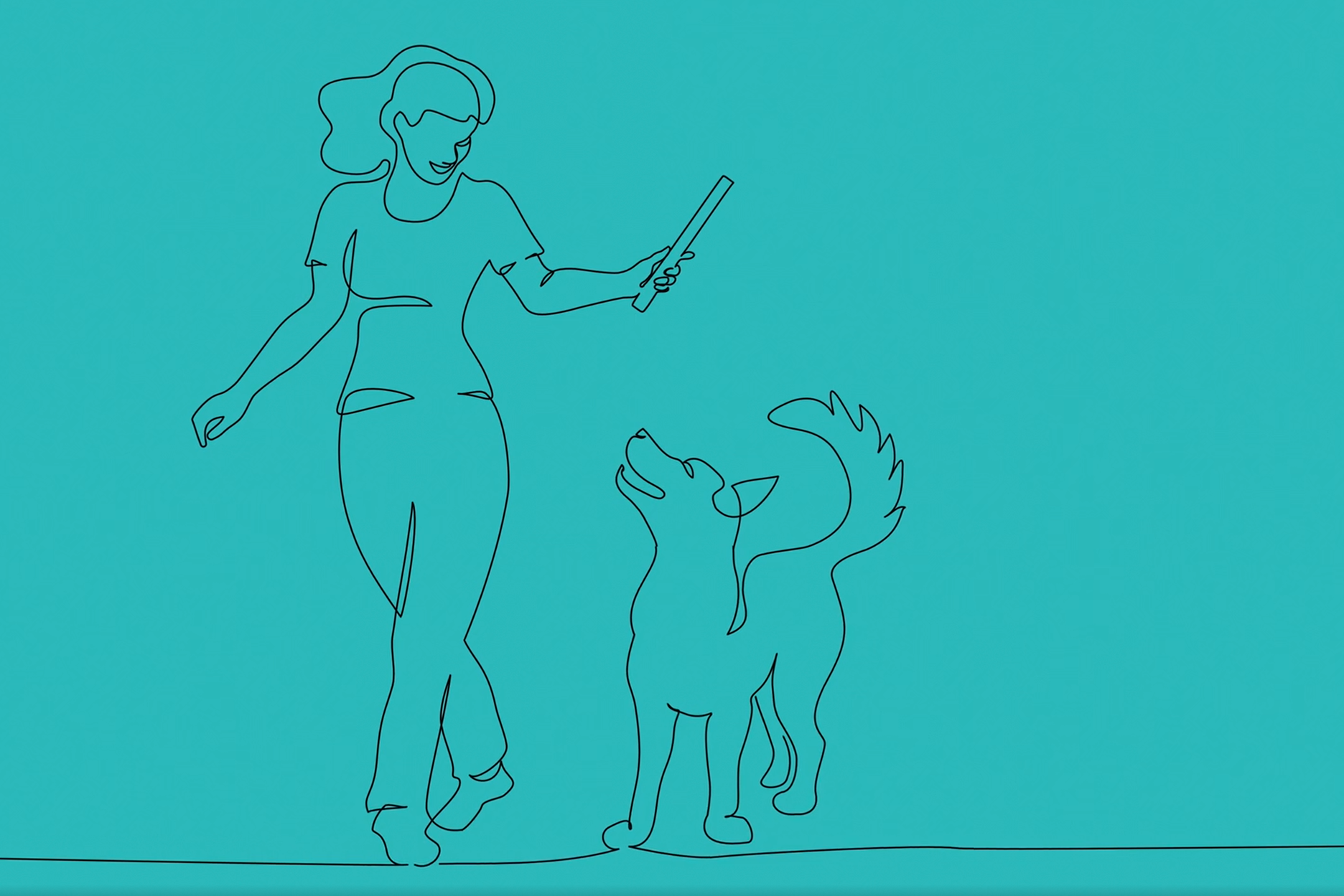 Illustrasjon av en dame som går sammen med en hund. I hånden har hun en pinne som hun viser til hunden.