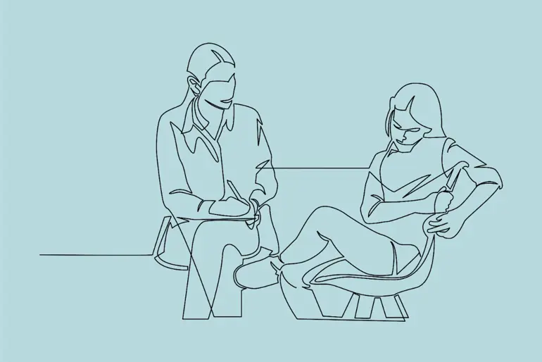 Illustrasjon av to damer som sitter i en sofa. Damen til venstre noterer på et papir.