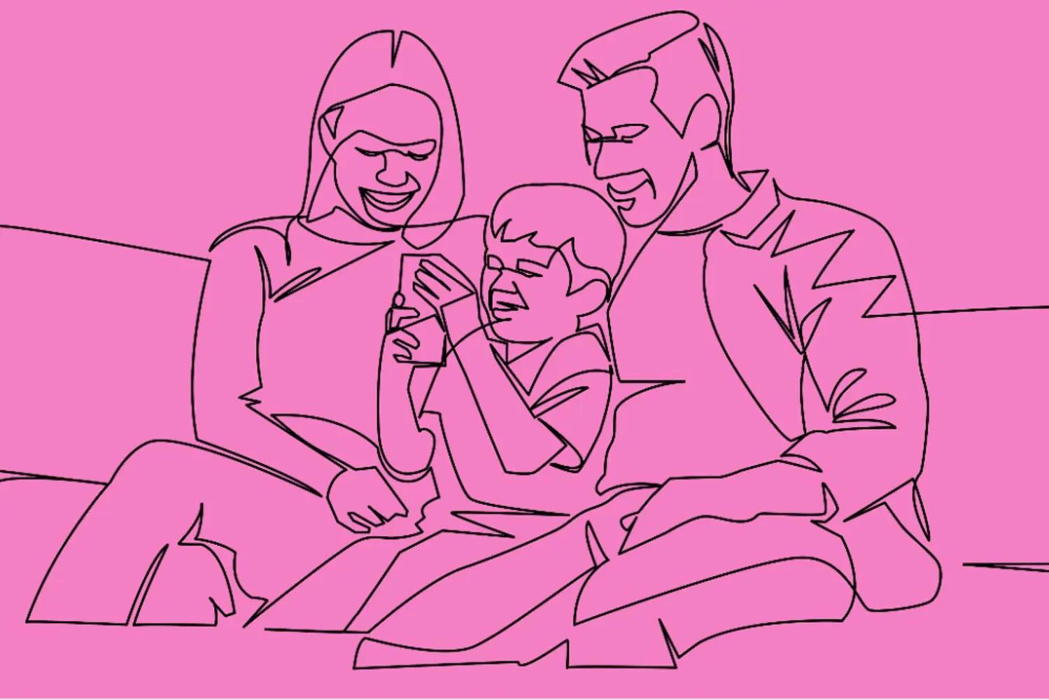 Illustrasjon av en mamma og en pappa som sitter i sofaen med sin sønn.