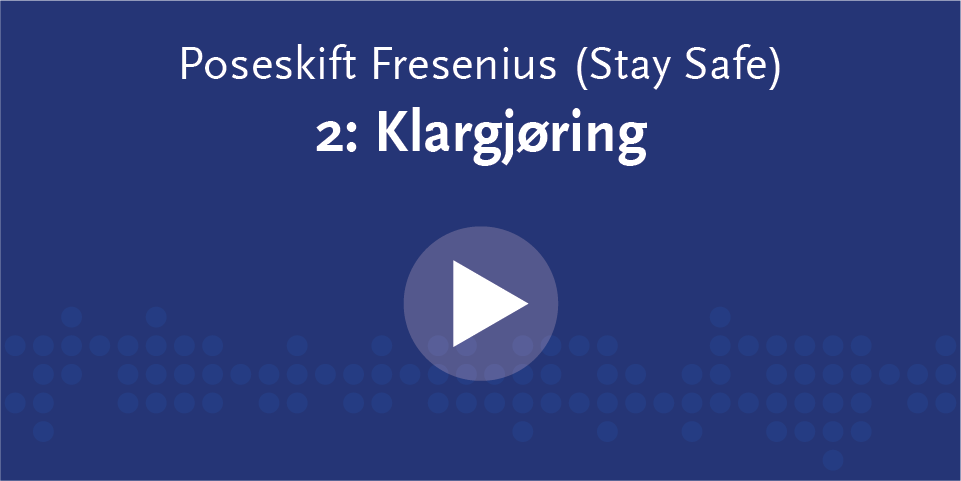 Blått rektangel med hvit skrift og playknapp på.