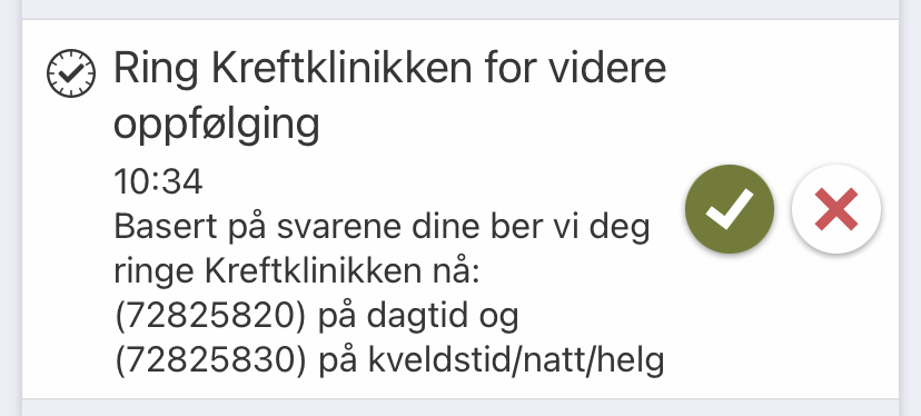 Skjermdump hvor det står at du skal ringe kreftklinikken for videre oppfølging.