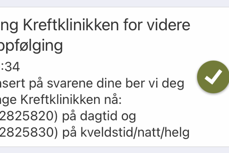 Skjermdump hvor det står at du skal ringe kreftklinikken for videre oppfølging.