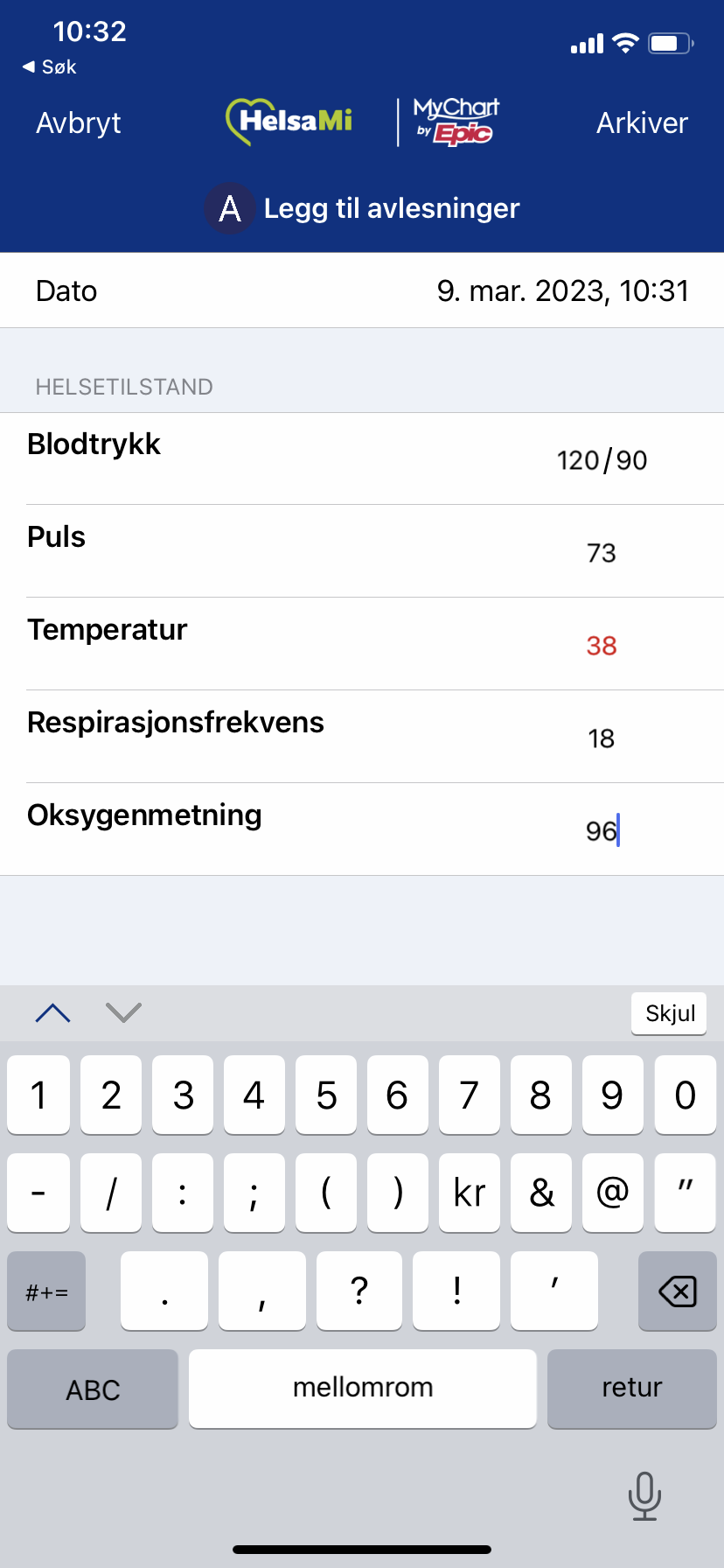 Skjermdump av HelsaMi med måletall på vitale parameter