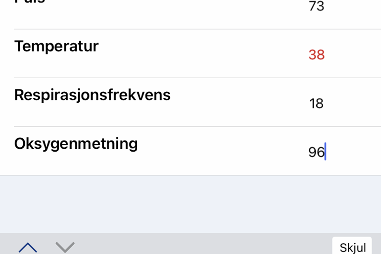 Skjermdump av HelsaMi med måletall på vitale parameter