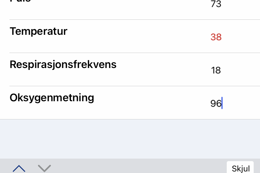Skjermdump av HelsaMi med måletall på vitale parameter