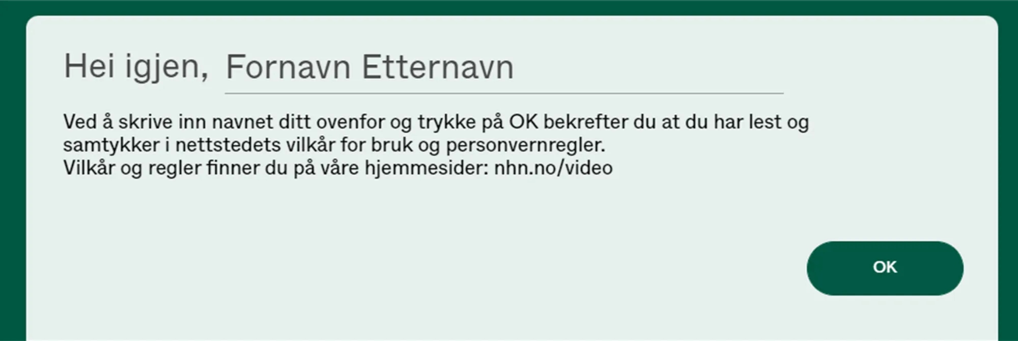 Skjermbilde. Dialogboks på nettside hvor man skal skrive inn navn. Bilde