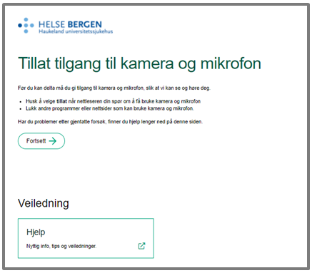 Skjermbilde. Tillat tilgang til kamera og mikrofon, lenke til veiledning.