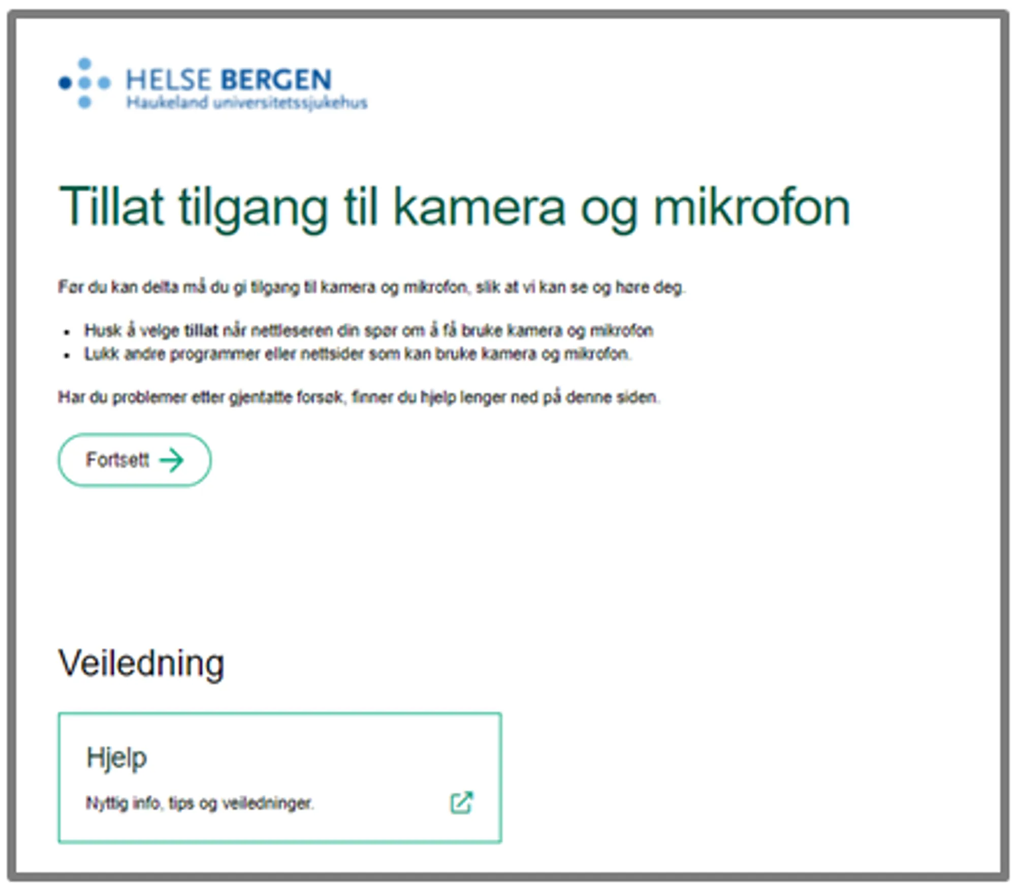 Skjermbilde. Tillat tilgang til kamera og mikrofon, lenke til veiledning.