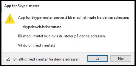Skjermdump av tekstboks om du vil godta for å bli med i skypemøte