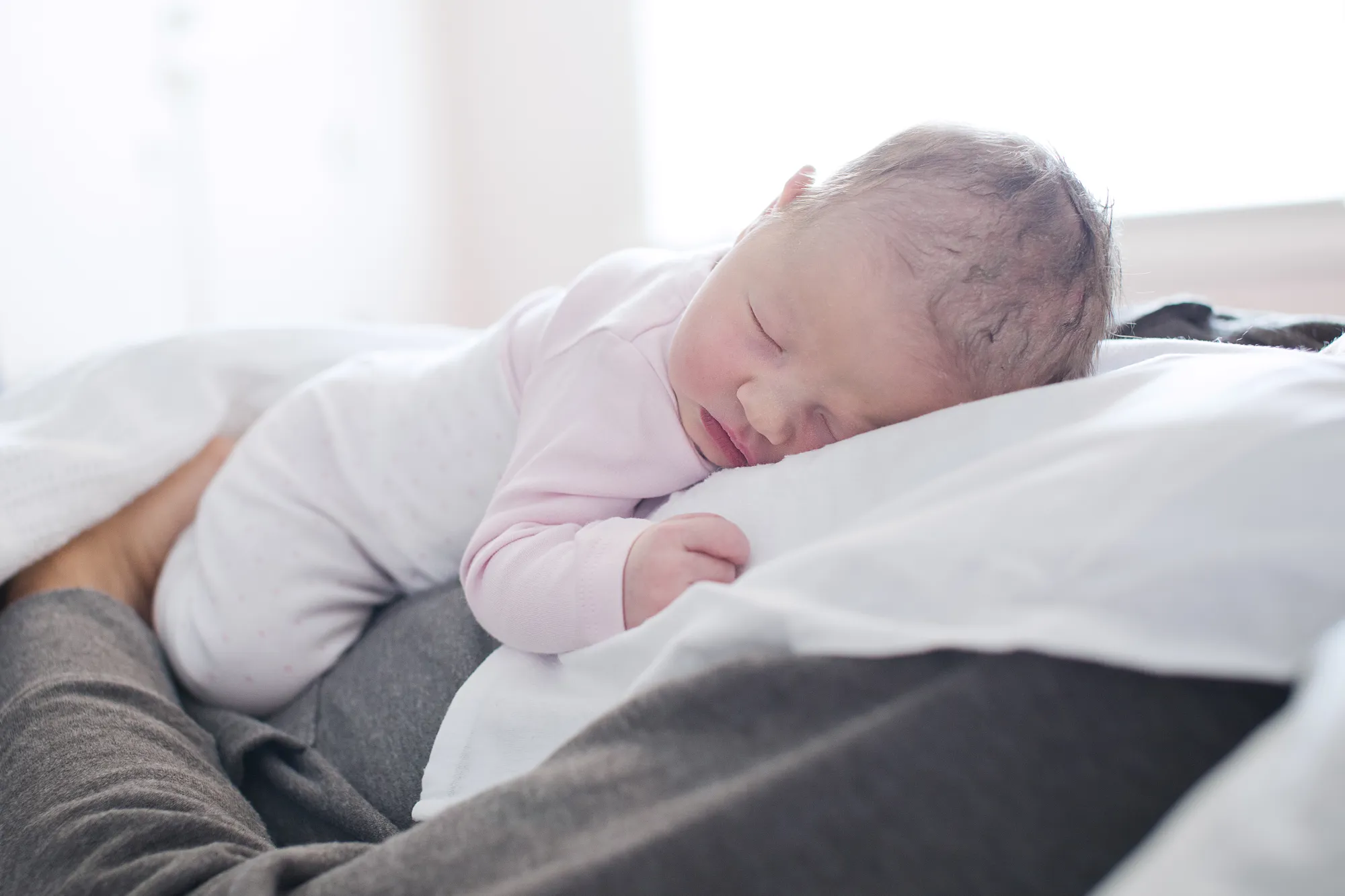 Baby hviler på pappas bryst. Foto